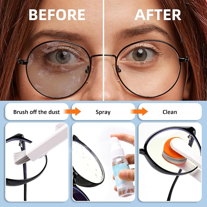 Glasses Cleaner Eyeglass Cleaning Kit with Anti Fog Spray, Microfiber Cloth | Streak-Free Cleaning Pads，Lens Wipes for Sunglasses Camera Lenses, Includes Screwdriver, Nose Pads, Ear Grips, Storage Case