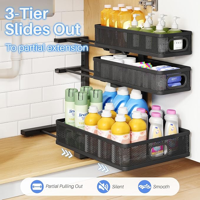 Under Sink Organizer, 3-Tier Thickened Metal Pull out Cabinet Organizer Shelf, Height Adjustable Slide out Storage Drawer Rack for Kitchen Bathroom Pantry Laundry Home Organization, 2-Pack, Black | 35% More Storage Capacity, Carbon Steel, Hold Up 55lbs...
