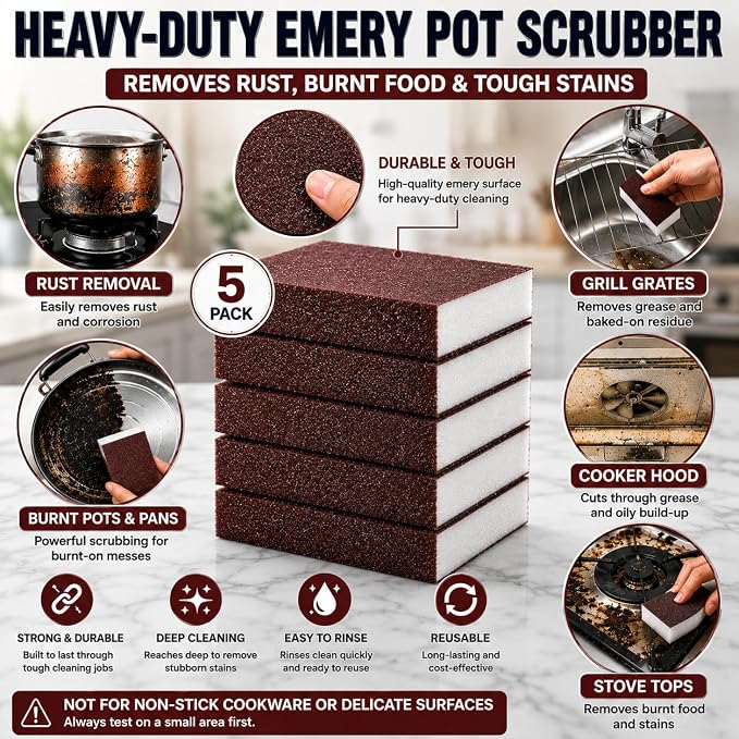 5 Powerful Pot Scrubber Cleaning Sponges, Heavy Duty Kitchen Eraser Scouring Pads, Dishwashing Oven Stove Cleaning Sponges, BBQ Grill Scrubbing Dish Cloths