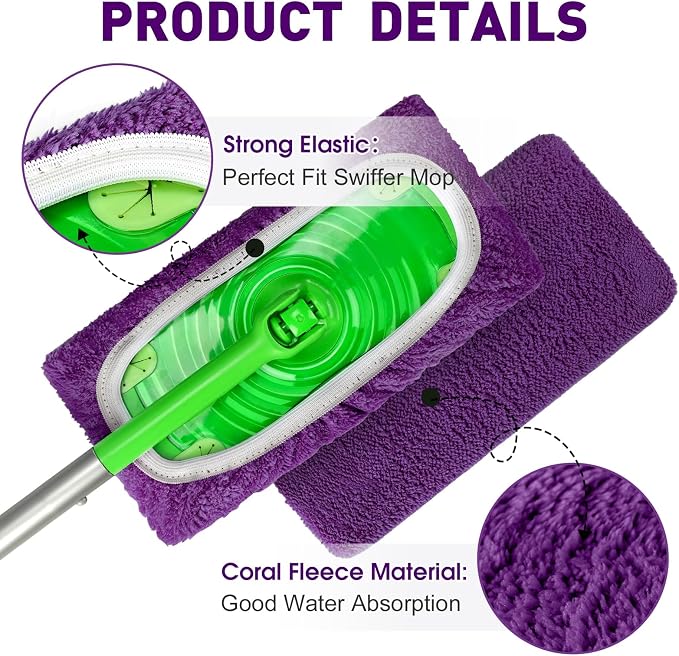 Microfiber Mop Pads,8Pcs Purple Reusable Mop Pads Compatible with Swiffer Sweeper,Dry Flat mop Cover & Washable Wet Pads Refill for Floor Cleaning