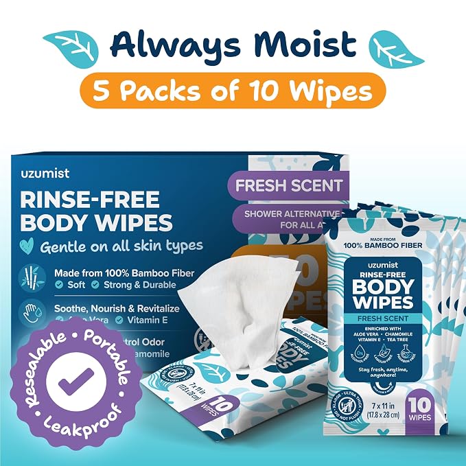 Body Wipes For Adults Bathing No Rinse - 50XL Thick Shower Wipes For Adults No Rinse, 5 Packs of 10 Adult Wipes for Men, Women, Personal Cleansing, Daily Hygiene, Bedridden & Elderly Care, Travel