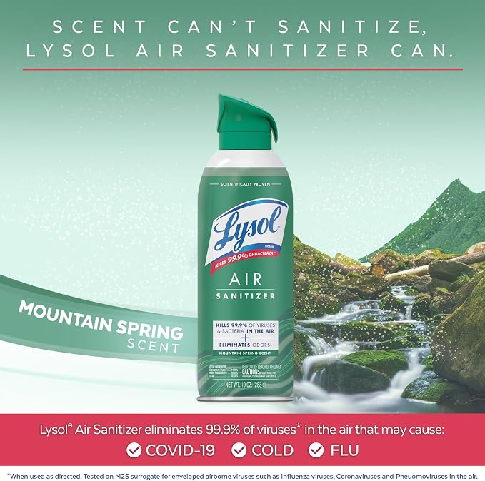 Lysol Air Sanitizer Spray with Bacterial Odor Eliminator for Home & Office, Sanitizing Air Spray, Air Freshener Alternative, Mountain Spring Scent, 10 oz (Pack of 3)