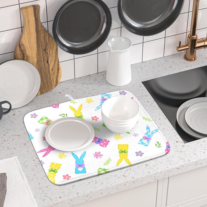Easter Dish Drying Mat for Kitchen Counter Cute Bunny Floral Holiday Microfiber Absorbent Dish Draining Reusable Washable Foldable 16"x18"