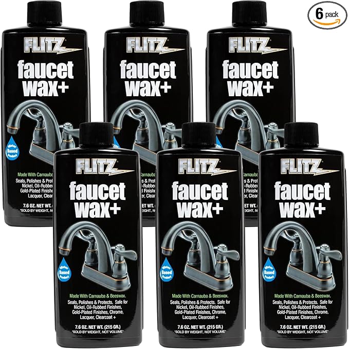 Flitz Faucet Wax Plus - 7.6oz Bottle of USA-Made, Water-Based Faucet Cleaner & Polisher for Water Stains, Fingerprints, & More - Metal Wax for Bronze, Nickel, Chrome, Brass - Granite Polish (6 Pack)