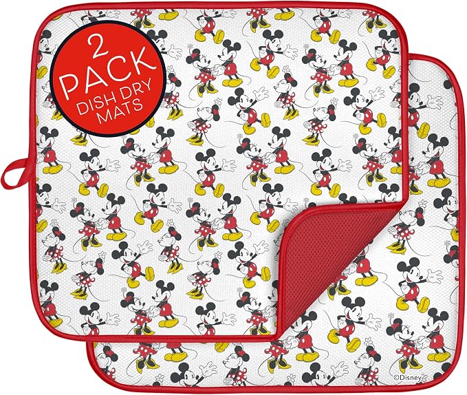 Disney Dish Drying Mats for Kitchen Counter (2 Pack) – 16" x 18" Absorbent Kitchen Drying Mats for Dishes – Mickey & Minnie, Winnie the Pooh, & Stitch Dish Mats