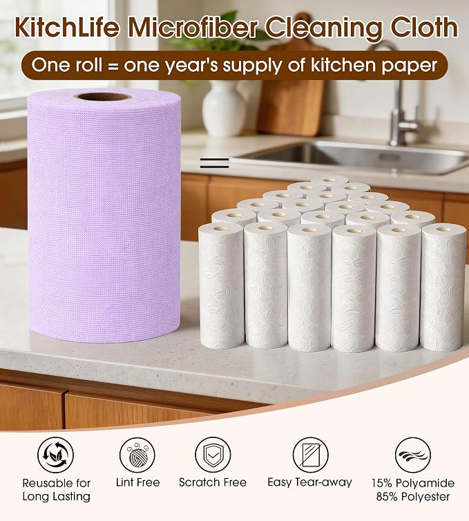 KitchLife Microfiber Cleaning Cloth Roll, 100 Pack - Tear-Away Microfiber Paper Towels, Lint-Free, Reusable, Washable for Kitchen, Car, Dishes, and Sensitive Surfaces (Light Purple)