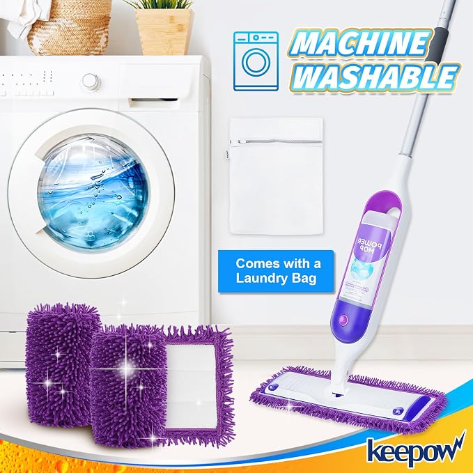 KEEPOW Reusable Microfiber Mop Pads Compatible with Swiffer PowerMop 4 Pack, Power Mop Pads Refills for 13 ''-15 '' Spray Mop, Machine Washable Pad Replacement for Multi-Surface Floor Cleaning