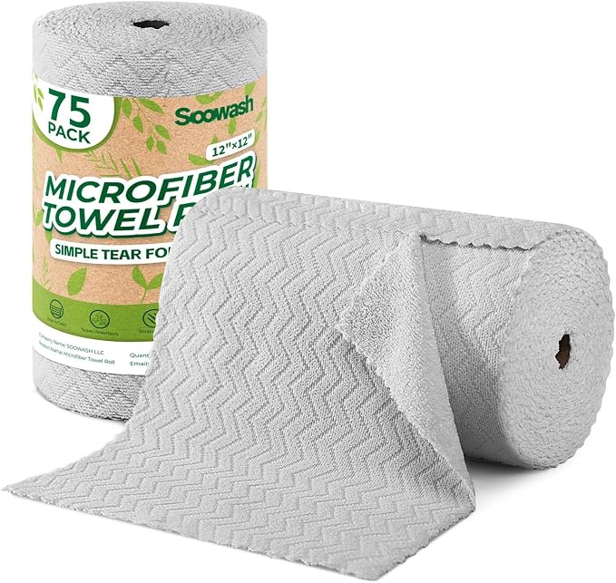 Microfiber Cleaning Cloths Roll, 75 Pack Tear Away Microfiber Towels Roll, 12" x 13" Lint Free Rags, Reusable Cleaning Cloths, Washable, Scratch Free,Ultra Absorbent Dish Rags(Grey Ripple)