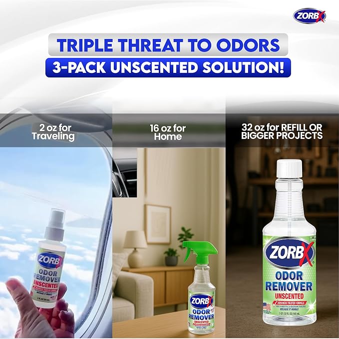 ZORBX Unscented Odor Eliminator Spray Set, 2+16+32 Oz, Hospital-Grade | Permanent Odor Remover for Pet & Human Urine, Smoke & Strong Odors, Carpet, Upholstery, Mattress, Bathroom, Basement & More