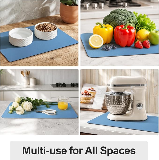 Ecotrim - Dish Drying Mat for Kitchen Counter | Coffee Bar Mat for Countertops | Heat Resistant Drainer Mat with Non-slip Rubber Backed | Hide Stain Kitchen Absorbent Draining Mat | Blue 16"x20"