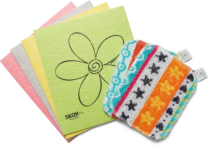 Skoy Bundle, 2-Pack Scrub, and 4-Pack Swedish Dishcloth, Reusable Cleaning Products for Kitchen and Household, Planet-Friendly, Dishwasher Safe Soft Scrub, Monochromatic Colors