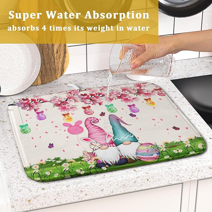 Giwawa Easter Gnome Dish Drying Mat Floral Eggs Bunny Kitchen Drainer Mat 16x18 inch Absorbent Holiday Fast Dry Pad Protector for Counter Tabletop