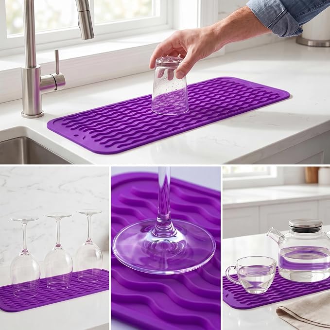 MicoYang Silicone Dish Drying Mat for Multiple Usage,Easy clean,Eco-friendly,Heat-resistant Silicone Mat for Kitchen Counter,Sink,Bar,Bottle,or Cup Purple M 17 inches x 6 inches