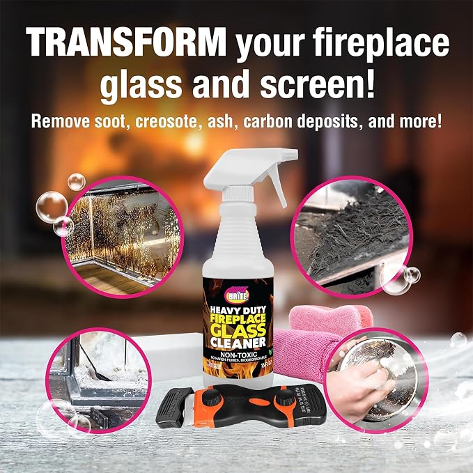 Quick 'n Brite Fireplace Glass Cleaner Kit – Heavy-Duty 16oz Cleaner with Scraper Tool, Melamine & Scrubber Sponges, Microfiber Towel – Glass, Wood Stove & Fireplace Door Cleaning - Made in the USA