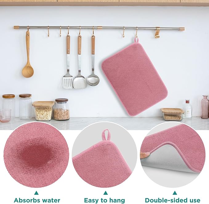 GeeRic Microfiber Dish Drying Mat, Super Absorbent Kitchen Dish Drying Pad, Reversible Gift Mats for Countertop, 17.8 * 23.6 inch Pink