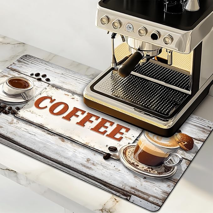 Dish Drying Mat Large Coffee Mat Absorbent Drying Mat for Kitchen Counter Coffee Bar Accessories 32"x 17", Vintage Wood Grain 2