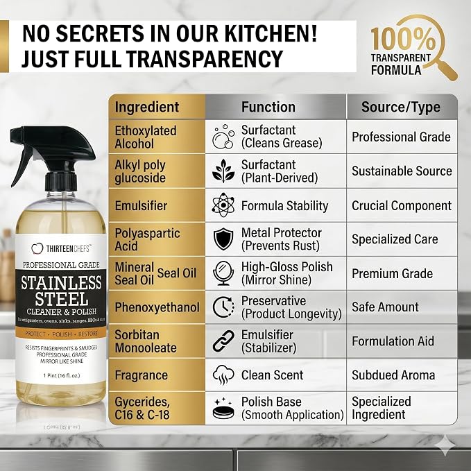 Thirteen Chefs Stainless Steel Cleaner and Polish for Fridge, Oven, Cooktop, Kitchen Appliances, BBQ and Ranges – 16oz