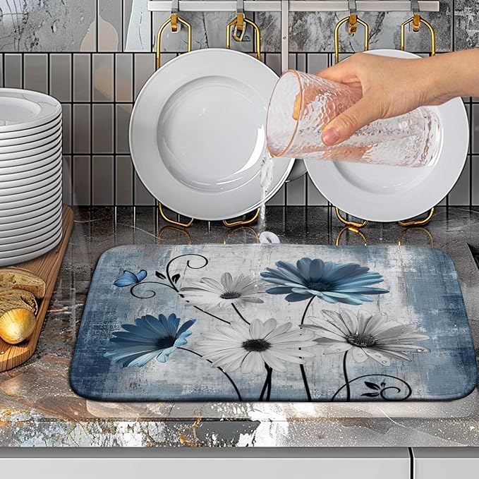 Dish Drying Mat for Kitchen Counter 16x18 Inch Blue Grey Daisy Drying Pads Rustic Vintage Floral Dish Dry Mat Microfiber Absorbent Farmhouse Dish Drainer Mat Flowers Dish Drainer Rack Mat
