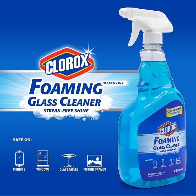 Clorox Foaming Glass Cleaner Trigger Spray, Streak Free No Drip Formula for Windows, Mirrors, and Glass Surfaces, All Purpose Household Cleaning Spray in Fresh Scent, 32 Ounce - 2 Pack