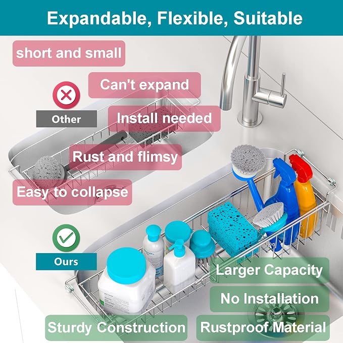 Over the Sink Caddy, Expandable Stainless Steel Sponge Holder for Kitchen Sink, 14.5-22 in Sink Organizer Rack for Sponge, Soap, Brush, Dish Cloth and Rag, Rust-Resistant Drying Holder