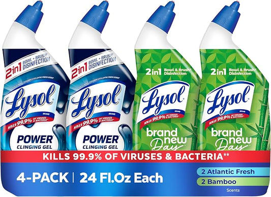 Lysol Toilet Bowl Cleaner, Max Strength Bathroom Cleaning Supplies, Clinging Gel, Disinfecting and Deodorizing, Bleach Free, Atlantic Fresh + Bamboo Scent, 24 oz (4 ct)