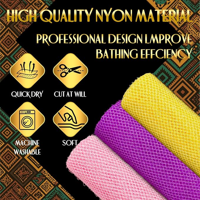 UJFQBH 3 Pieces African Bath Sponge African Net Long Net Bath Sponge Exfoliating Shower Body Scrubber Back Scrubber Skin Smoother,Great for Daily Use (Pink,Yellow,Purple)