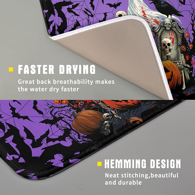 Giwawa Halloween Pumpkin Dish Drying Mat 16x18 inch Spooky Ghost Bat Dish Rack Mats Microfiber Draining Pad Fast Dry Holiday Kitchen Accessories