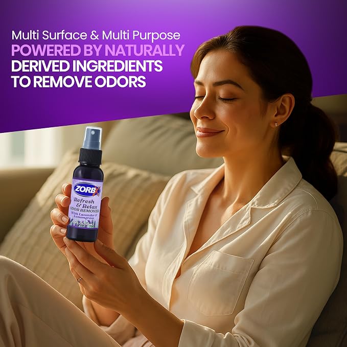 ZORBX Refresh & Relax Lavender Lemongrass Odor Remover Spray 2 Oz | Non-Aerosol Fabric Deodorizer & Room Freshener for Couch, Furniture, Home, Bathroom, Car, Gym & Laundry, Permanent Solution
