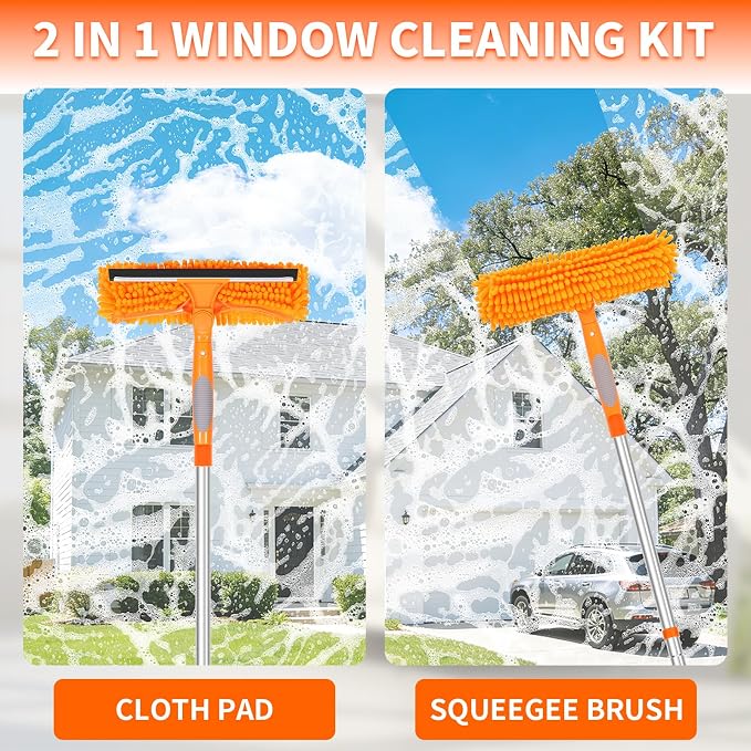 109" Window Cleaning Squeegee Kit, Professional 2 in 1 Squeegee Window Cleaner with Extension Pole, Window Washing Kit with 2 Blade 2 Pads for Indoor & Outdoor High Windows Car Glass