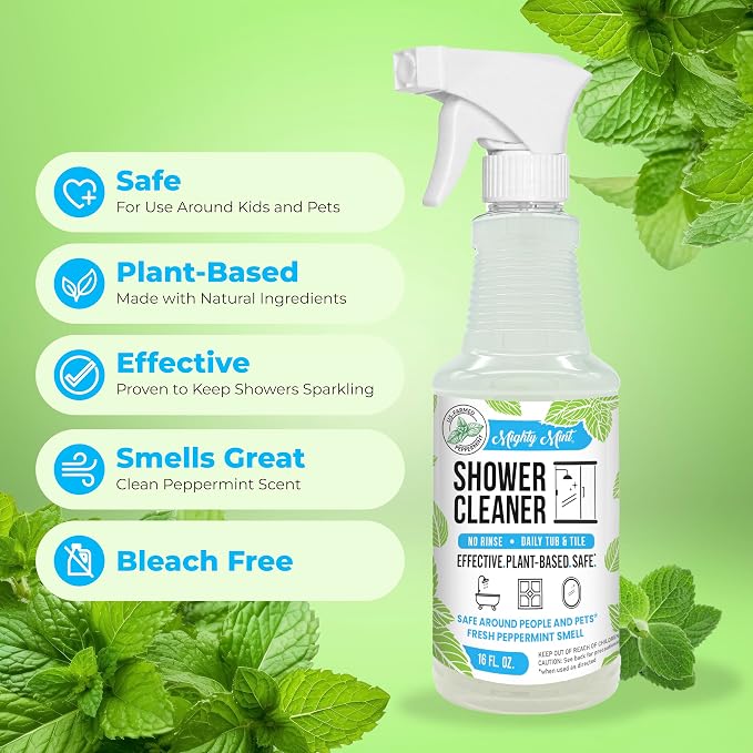 Mighty Mint Daily Shower Cleaner Spray – No Rinse, No Scrub Solution for Glass, Tile & Grout – Plant Based Formula with Peppermint Scent - 16 oz.