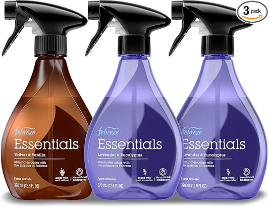 Febreze Fabric Spray, Fabric Refresher Essentials, Odor Eliminator for Strong Odor, Includes Lavender & Eucalyptus Essential Oil, Vetiver & Vanilla Essential Oil, 12.5 Oz (Pack of 3)