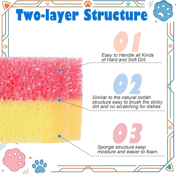 FillTouch 3 Pcs Dual Sided Scrub Sponge Multi Functional Cute Temperature Sensitive Non Scratch Dish Sponge for Washing Dishes Kitchen Bathroom (Cat Paw,Pink, Orange, Blue)