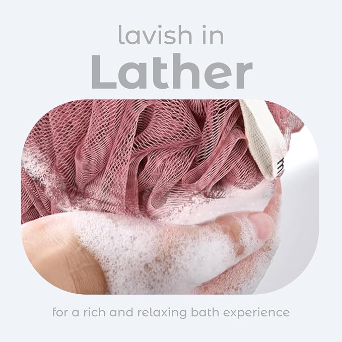 MainBasics Shower Loofah Sponge Pouf, Set of 3, Coral Reef | Soft Mesh Body Scrubber and Bath Sponge for Gentle Exfoliation, Rich Lather, and Everyday Shower Use