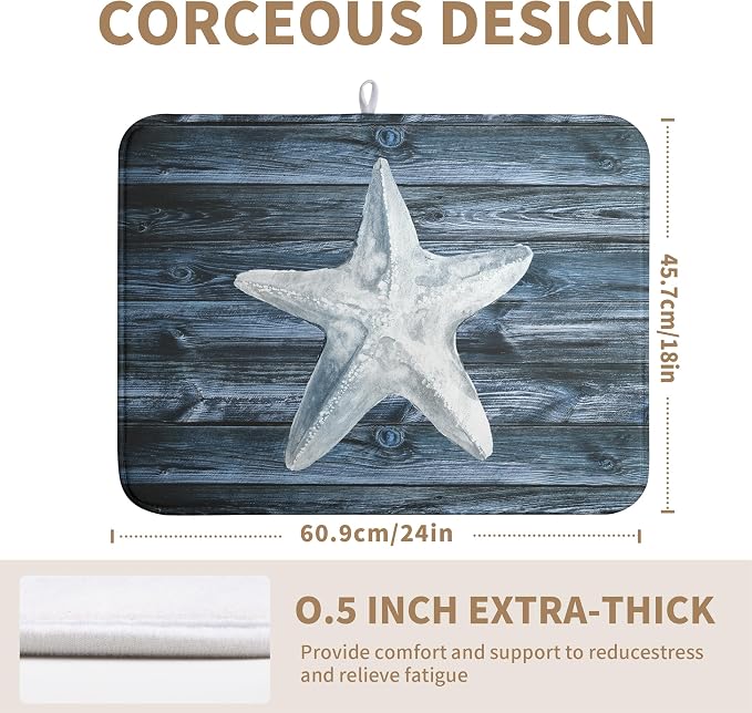 Summer Starfish Dish Drying Mat for Kitchen Counter Navy Blue Microfiber Absorbent Dish Drainer Rack Mats Coastal Ocean Themed Kitchen Sink Dishes Pad 18 X 24 Inch