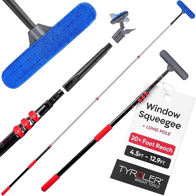 20 Feet High Reach Professional Window Squeegee with Extension Pole 5-13ft | | Squeegee for Window Cleaning Kit | Outdoor Window Cleaner Tool | Windows Washing Kit with Extension Pole