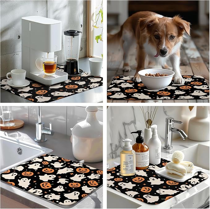 Halloween Dish Drying Mat for Kitchen Counter Pumpkin Spooky Ghosts Fall Dish Mat Absorbent Microfiber Reversible Dish Draining Mat Medium Dishes Pad 16 X 18 Inch
