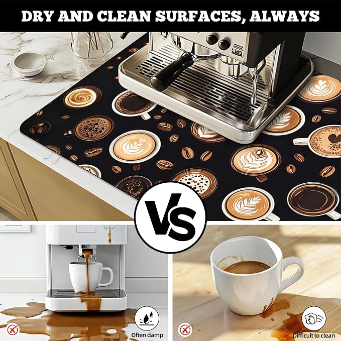 Dish Drying Mat Large Coffee Mat Absorbent Drying Mat for Kitchen Counter Coffee Bar Accessories 32"x 17", Latte Cups