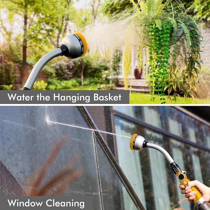 RESTMO Watering Wand Heavy Duty, 15-Inch Long Hose Nozzle Sprayer | 10 Spray Patterns & Thumb Flow Control, Metal Garden Hose Wand for Water Hanging Baskets and Shrubs, Yellow