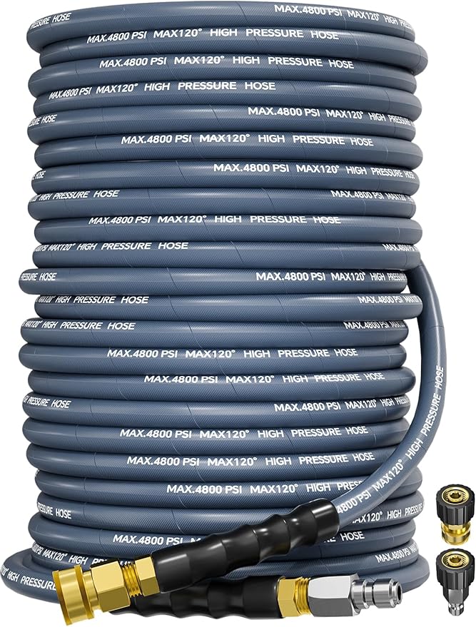 3/8" 4800PSI Pressure Washer Hose 125FT Swivel Quick Connect | Power Washer Hose for Cold/Hot Water Max 248°F, Kink Resistant Steel Wire Braided, Wear Resistant with M22 14mm Adapter