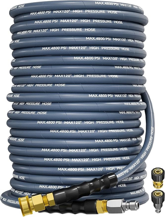 3/8" 4800PSI Pressure Washer Hose 125FT Swivel Quick Connect | Power Washer Hose for Cold/Hot Water Max 248°F, Kink Resistant Steel Wire Braided, Wear Resistant with M22 14mm Adapter