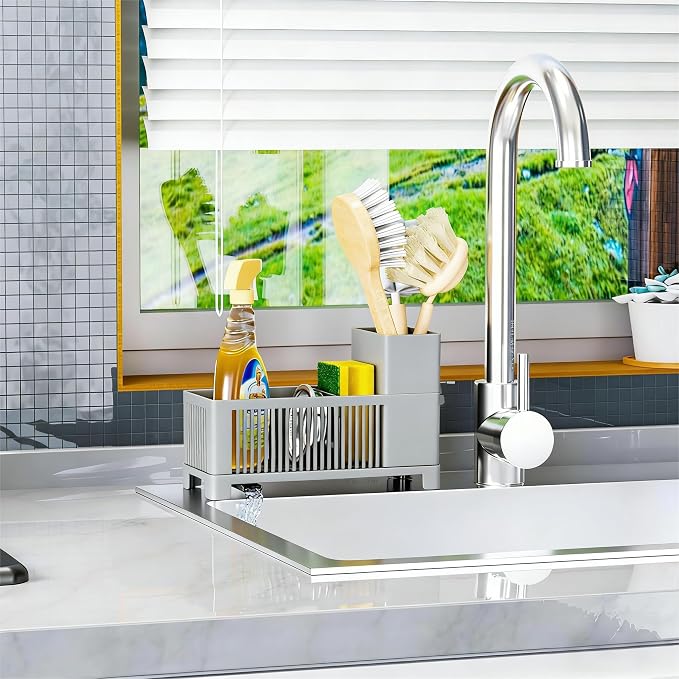 Rustproof Kitchen Sink Organizer for Countertop,Multifunctional Sink Organizer Caddy & Organization,Scrub Brush and Sponge Holder,Plastic Sink Storage Rack,Sponge Drain Rack,Dish Soap Dispenser,Grey