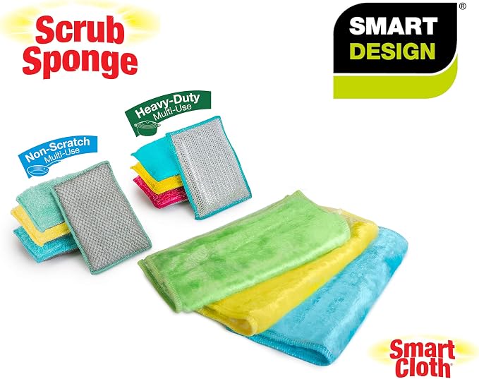 Smart Design Non Scratch Scrub Sponge with Bamboo Odorless Rayon Fiber - Set of 9 - Ultra Absorbent - Soft and Scrubber Side - Cleaning, Dishes, and Hard Stains - Vibrant - Yellow, Green, Pink