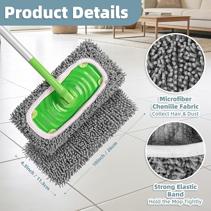 6 Pack Reusable Mop Pads Compatible with Swiffer Sweeper, Washable Wet & Dry Mopping Sweeping Cloth for Multi-Surface Cleaning, Microfiber Chenille Pad Refills (Gray, Not Include MOP)