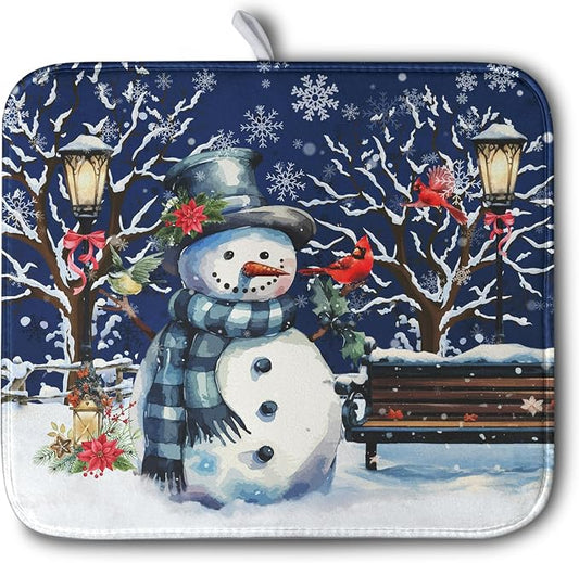 Winter Snowman Dish Drying Mat for Kitchen Counter 16x18, Xmas Snowflakes Dish Drainer Mat Snowy Night Drying Kitchen Mats Cardinal Birld Dish Pad Absorbent Reversible Coffee Mats for Dishes