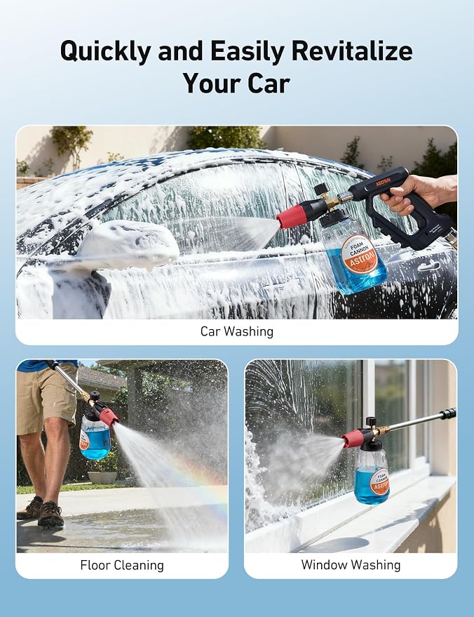 AstroAI Foam Cannon for Pressure Washer with 1/4" Quick Connect Plug, 1 L | Thick Foam, Car Wash, Heavy Duty Snow Clear Bottle, Wide Neck, Adjustable, Quick Connect, for Various Cleaning Tasks, Brass