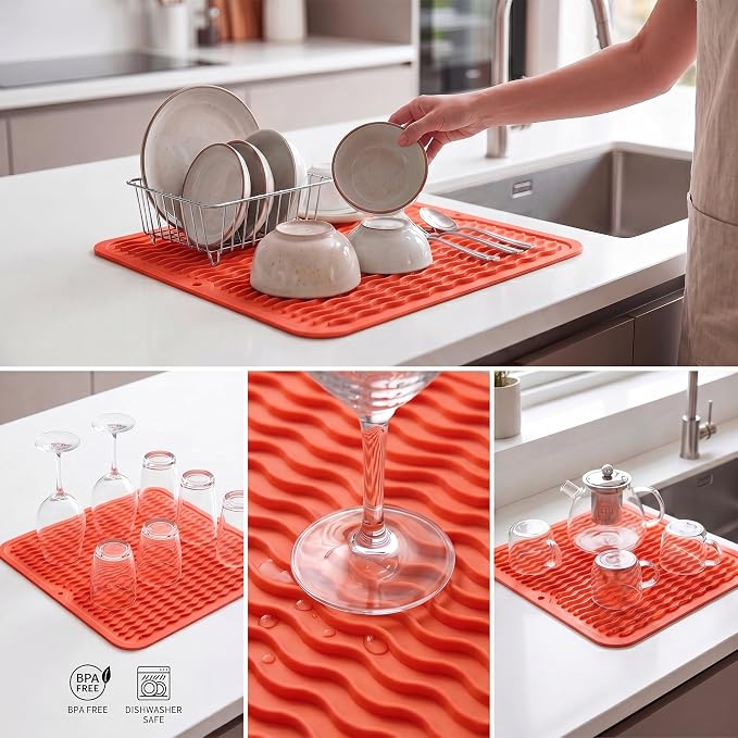MicoYang Silicone Dish Drying Mat for Multiple Usage,Easy clean,Eco-friendly,Heat-resistant Silicone Mat for Kitchen Counter or Sink,Refrigerator or Drawer liner Orange M 12 inches x 12 inches