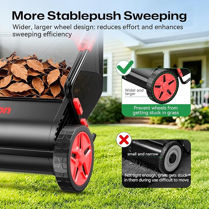 Push Lawn Sweeper, 26 Inch Leaf & Grass Collector, Strong Rubber Wheels & Heavy Duty Thickened Steel Durable to Use with Large Capacity 7 ft³ Mesh Collection Bag, 4 Spinning Brushes