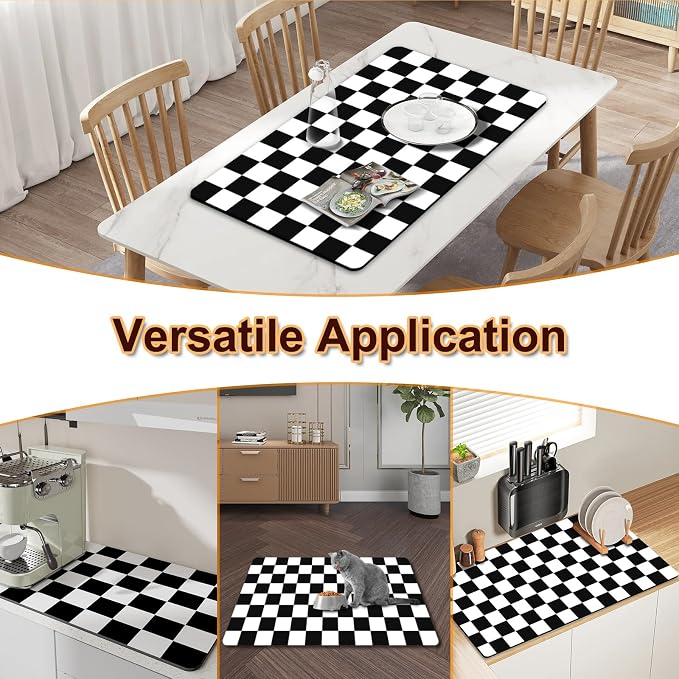 Dish Drying Mat for Kitchen Counter, 12" x 20" Checkered Coffee Bar Mat for Espresso Machine, Absorbent and Stain-Resistant Countertop Protector, Non-Slip Rubber Back Drying Pad, Black & White