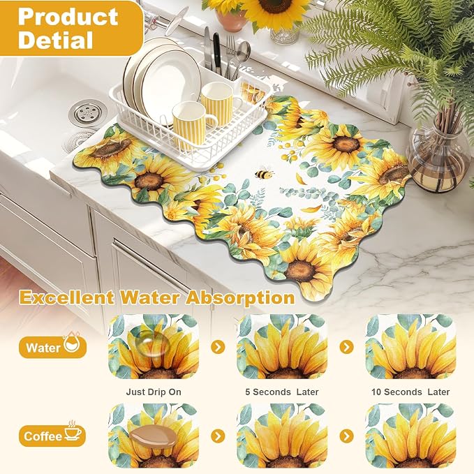 LOKHOM Scalloped Floral Dish Drying Mat, 12"x20" Super Absorbent Coffee Mat with Watercolor Yellow Sunflowers, Cuttable Hide Stain Non-slip Drying Mat for Kitchen Counter Coffee Maker Espresso Machine