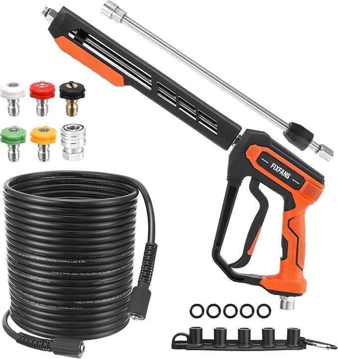 FIXFANS Pressure Washer Gun and Hose Kit, 50FT Power Wash Hose, M22 Fitting | High Pressure Washer Replacement Wand Extension, 5 Nozzle Tips
